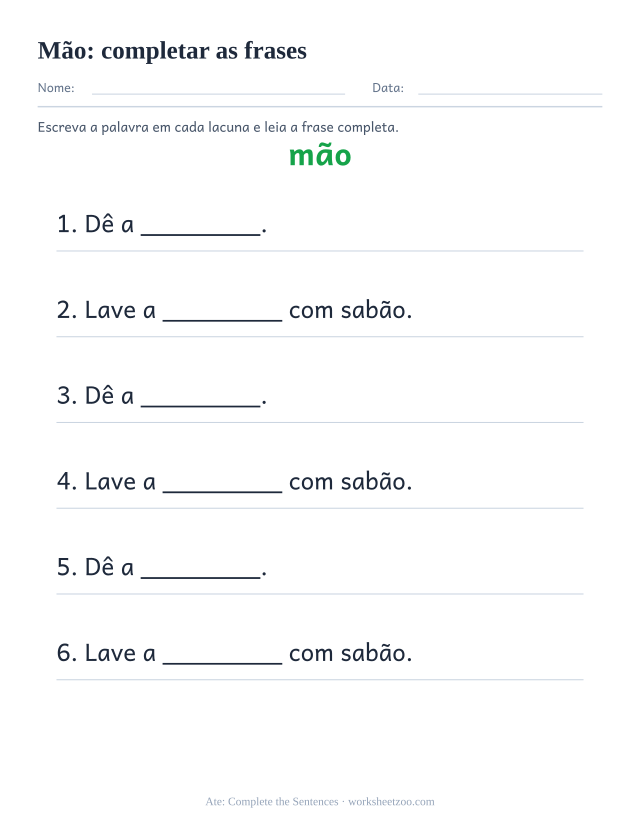 Prévia da palavra frequente “mão”, completar as frases