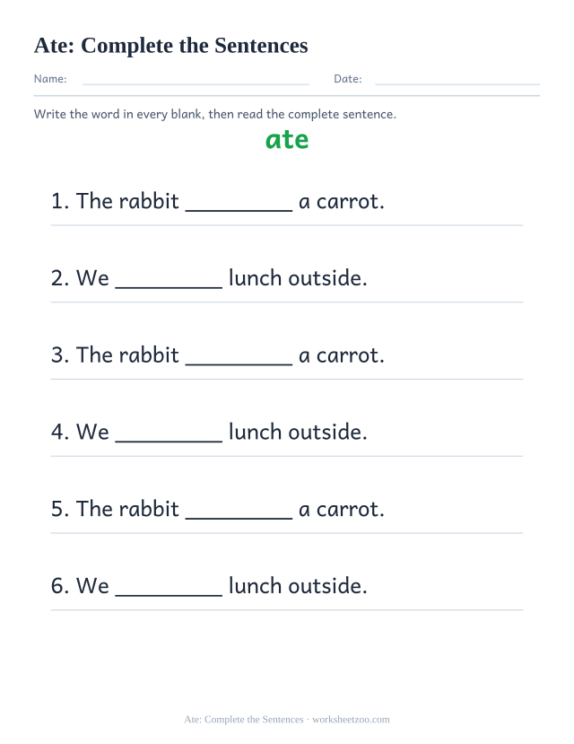 Sight word “ate” worksheet, complete the sentences printable activity