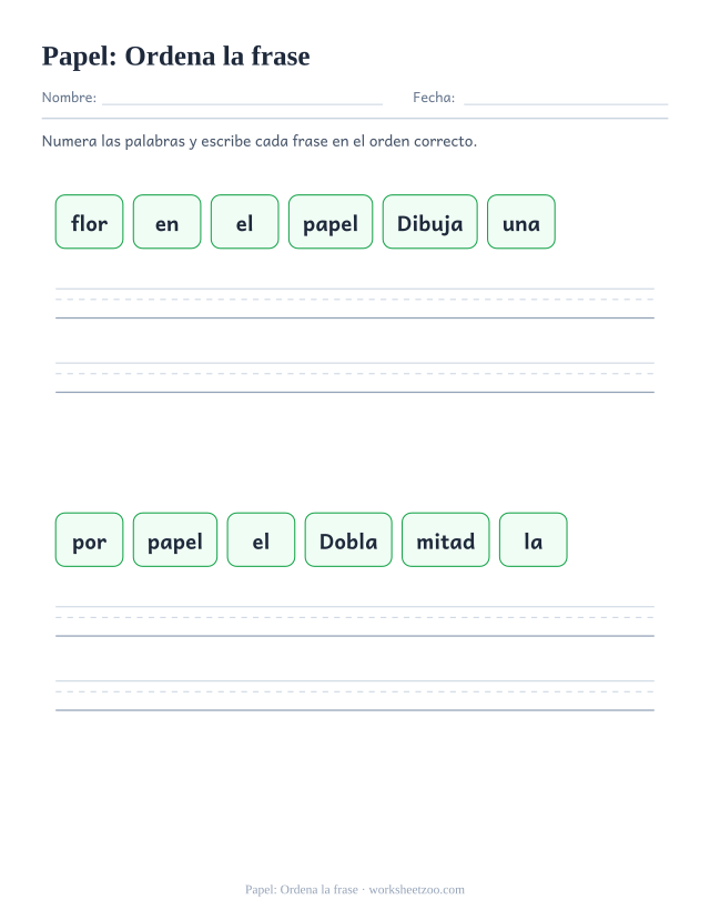 Ficha de la palabra frecuente «papel», ordena la frase para imprimir