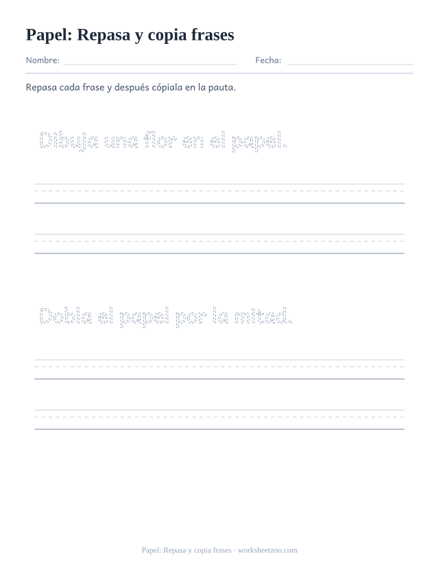 Ficha de la palabra frecuente «papel», repasa y copia frases para imprimir