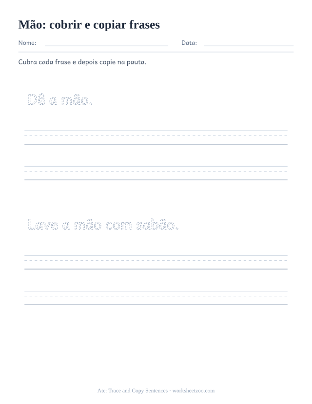 Prévia da palavra frequente “mão”, cobrir e copiar frases