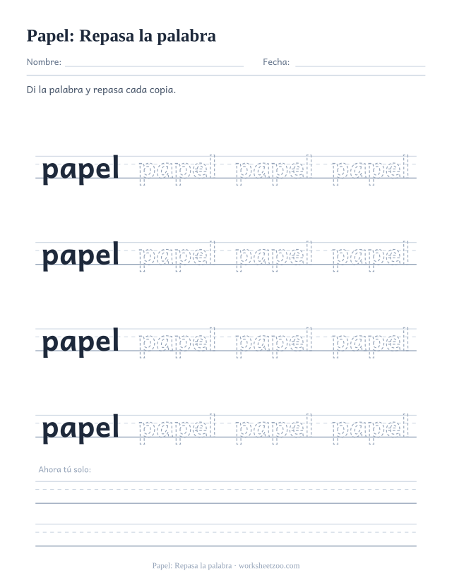 Ficha de la palabra frecuente «papel», repasa la palabra para imprimir