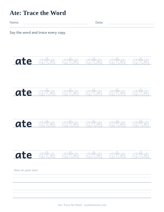 Sight word “ate” worksheet, trace the word printable activity