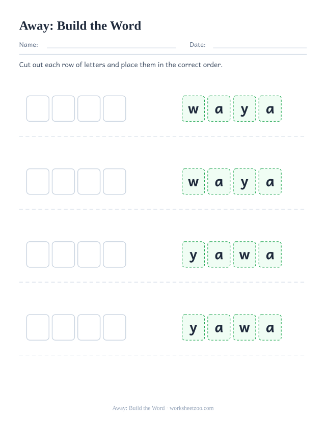 Sight word “away” worksheet, build the word printable activity