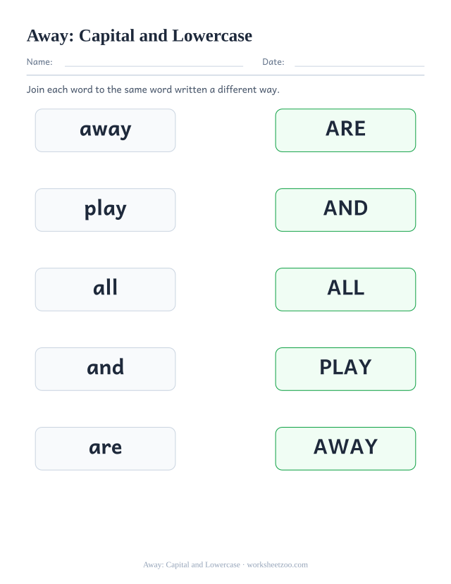 Sight word “away” worksheet, capital and lowercase printable activity
