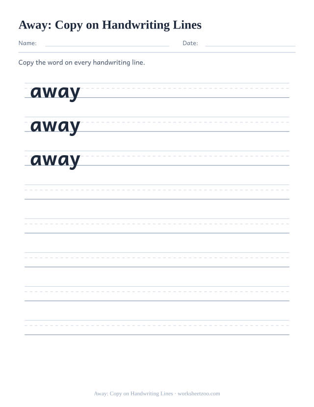 Sight word “away” worksheet, copy on handwriting lines printable activity