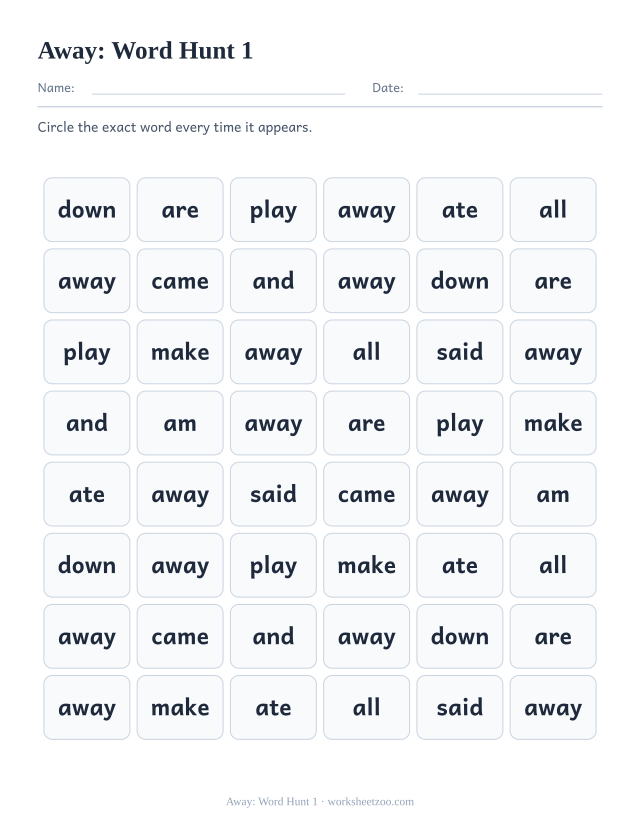 Sight word “away” worksheet, word hunt 1 printable activity