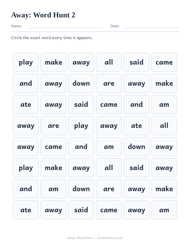 Sight word “away” worksheet, word hunt 2 printable activity