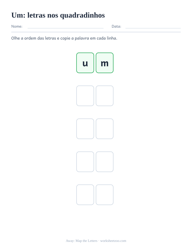 Prévia da palavra frequente “um”, letras nos quadradinhos