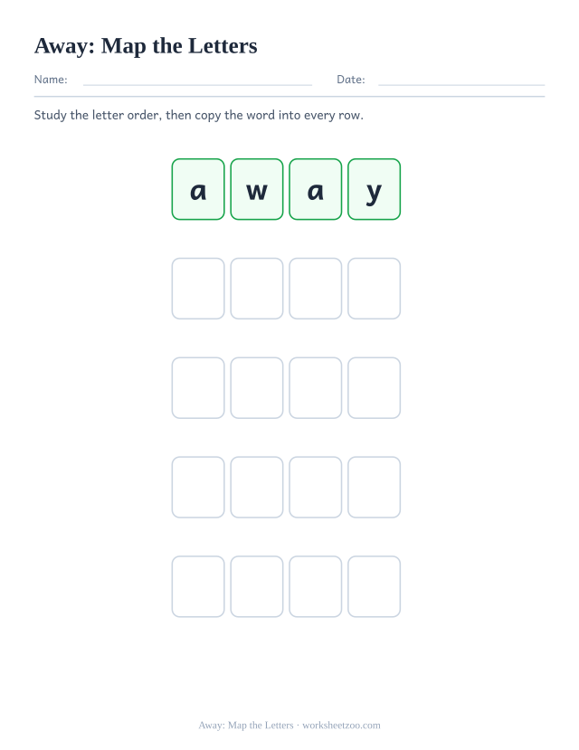 Sight word “away” worksheet, map the letters printable activity