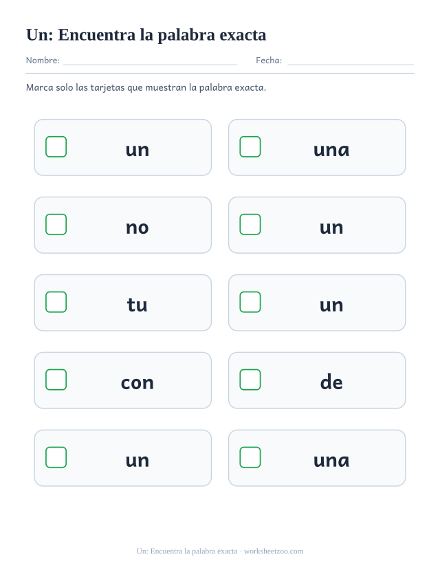Ficha de la palabra frecuente «un», encuentra la palabra exacta para imprimir