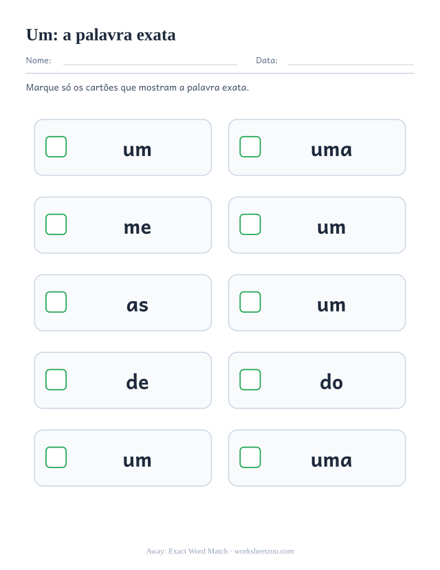 Prévia da palavra frequente “um”, a palavra exata