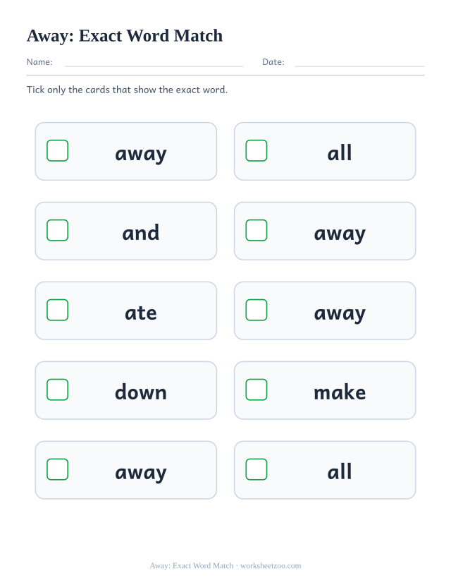 Sight word “away” worksheet, exact word match printable activity