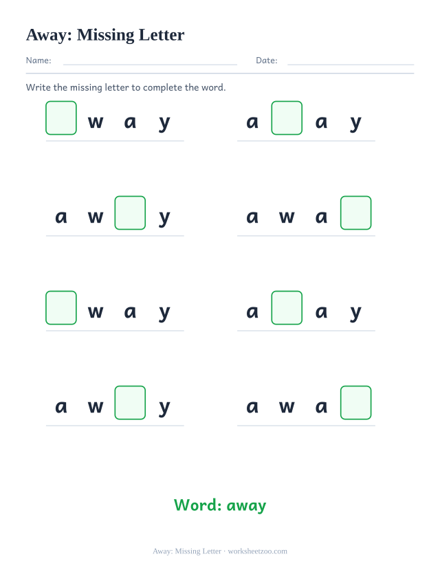 Sight word “away” worksheet, missing letter printable activity