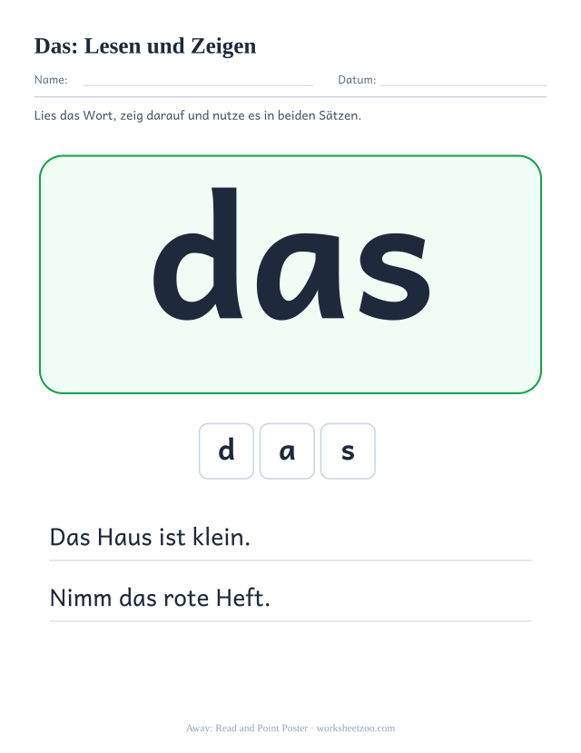 Vorschau: häufiges Wort „das“, Lesen und Zeigen