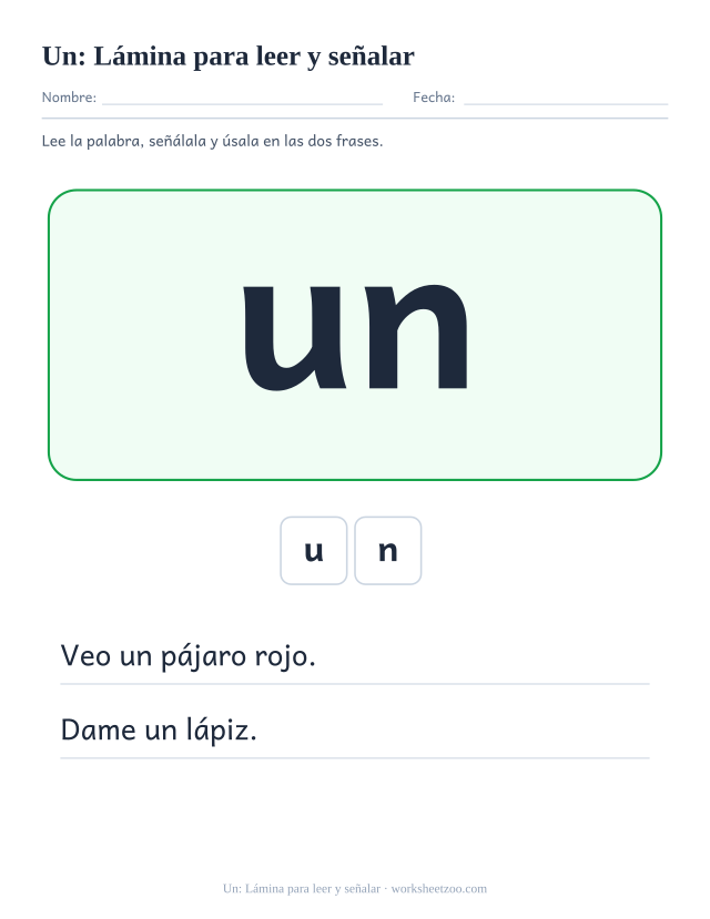 Ficha de la palabra frecuente «un», lámina para leer y señalar para imprimir