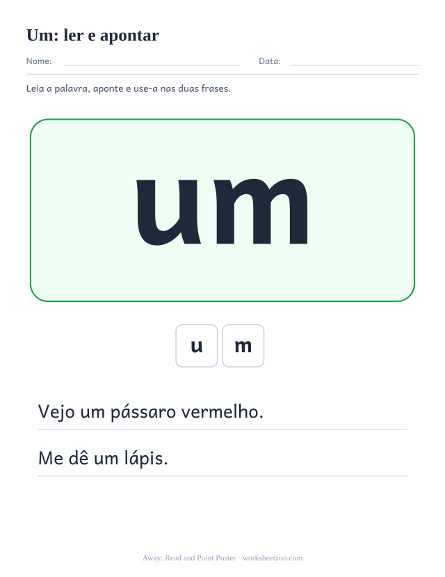 Prévia da palavra frequente “um”, ler e apontar