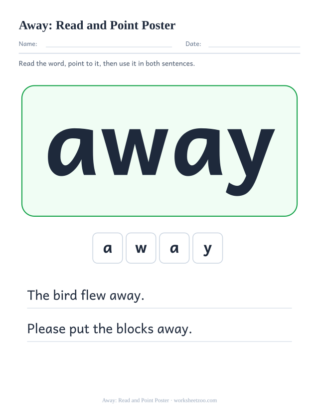 Sight word “away” worksheet, read and point poster printable activity