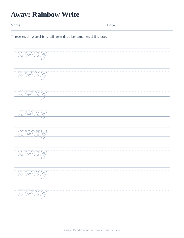 Sight word “away” worksheet, rainbow write printable activity