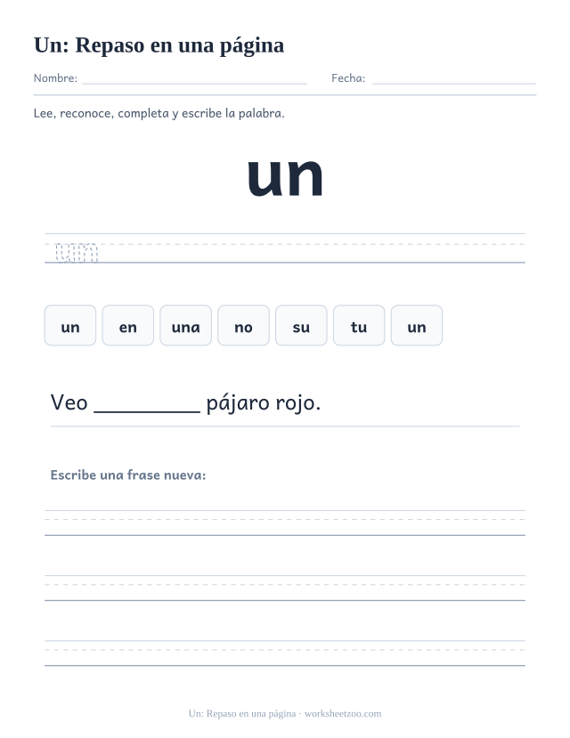 Ficha de la palabra frecuente «un», repaso en una página para imprimir