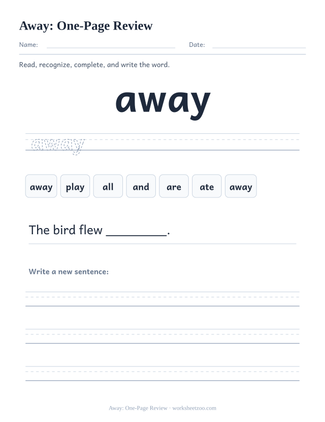 Sight word “away” worksheet, one-page review printable activity