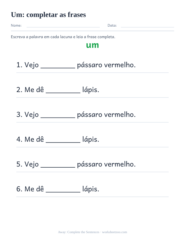 Prévia da palavra frequente “um”, completar as frases