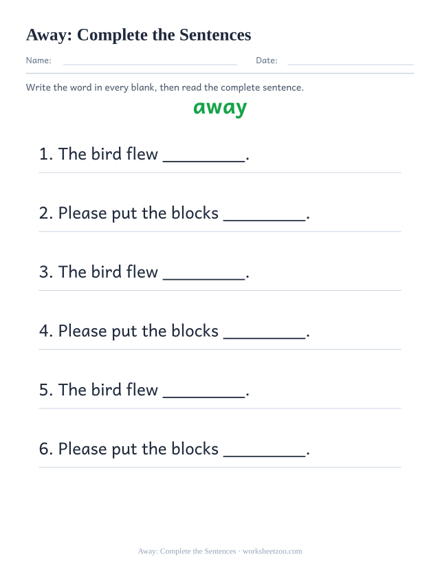 Sight word “away” worksheet, complete the sentences printable activity
