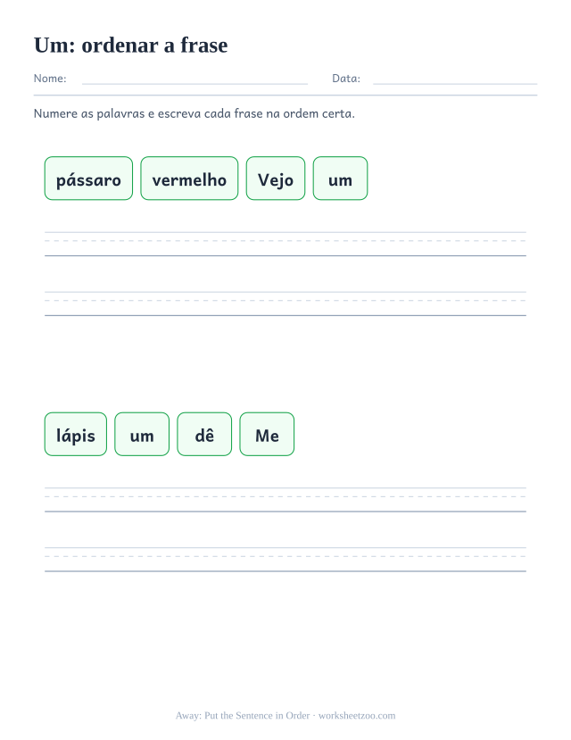 Prévia da palavra frequente “um”, ordenar a frase