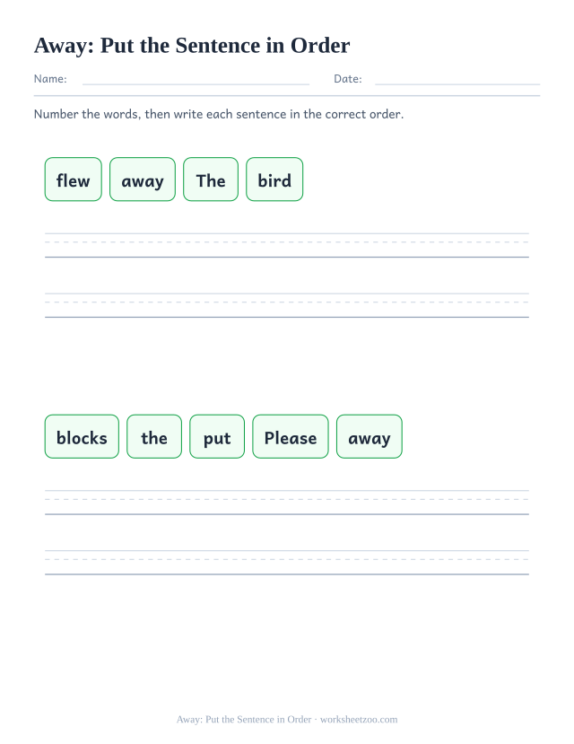 Sight word “away” worksheet, put the sentence in order printable activity