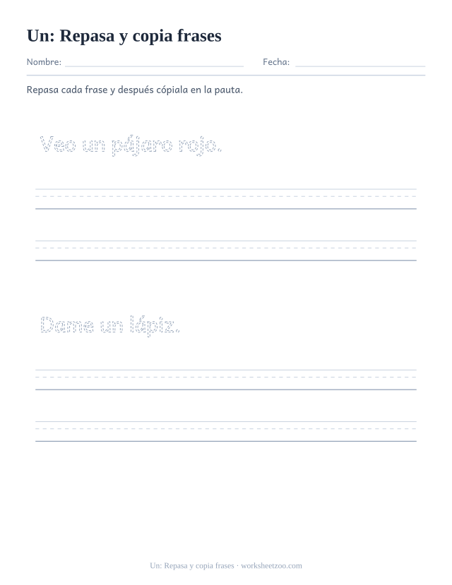Ficha de la palabra frecuente «un», repasa y copia frases para imprimir