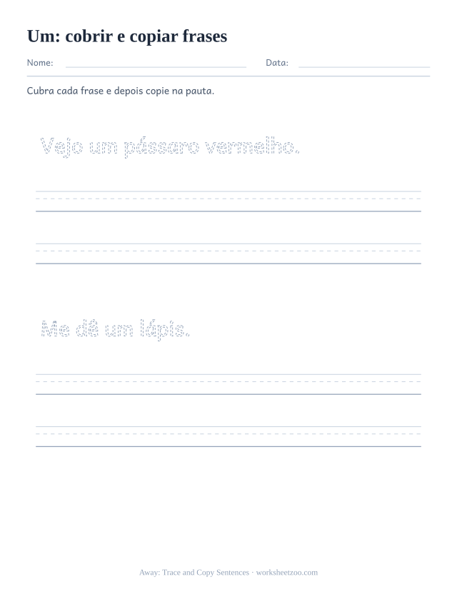 Prévia da palavra frequente “um”, cobrir e copiar frases