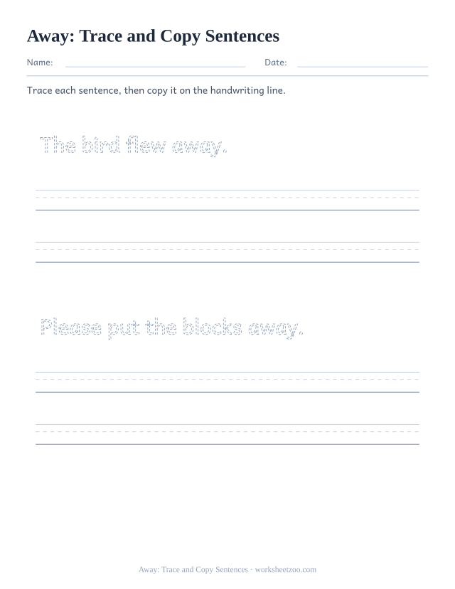 Sight word “away” worksheet, trace and copy sentences printable activity