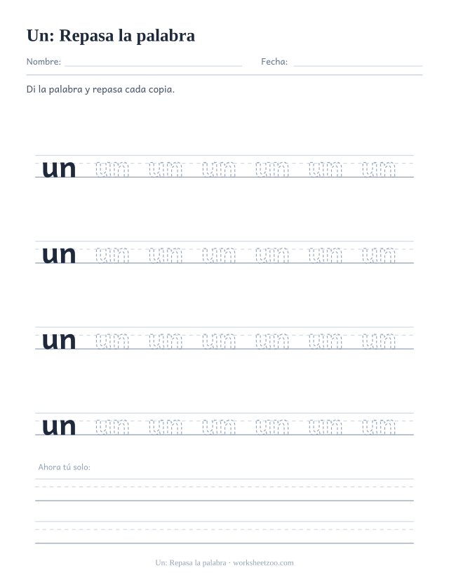 Ficha de la palabra frecuente «un», repasa la palabra para imprimir