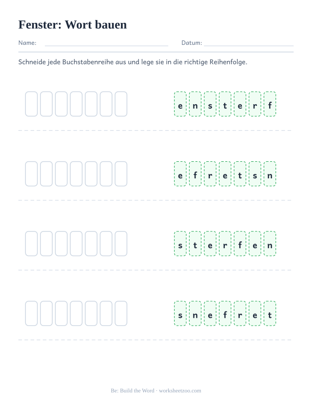 Vorschau: häufiges Wort „Fenster“, Wort bauen