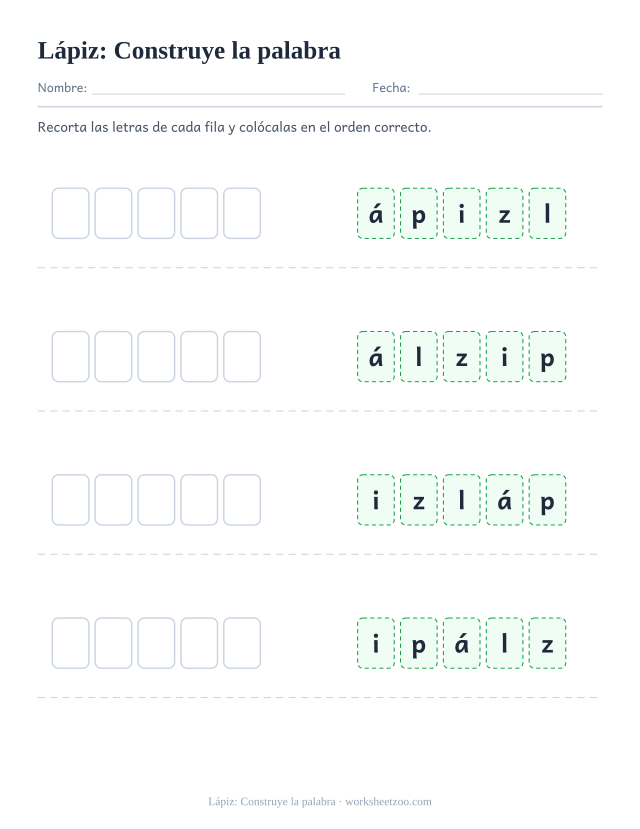 Ficha de la palabra frecuente «lápiz», construye la palabra para imprimir