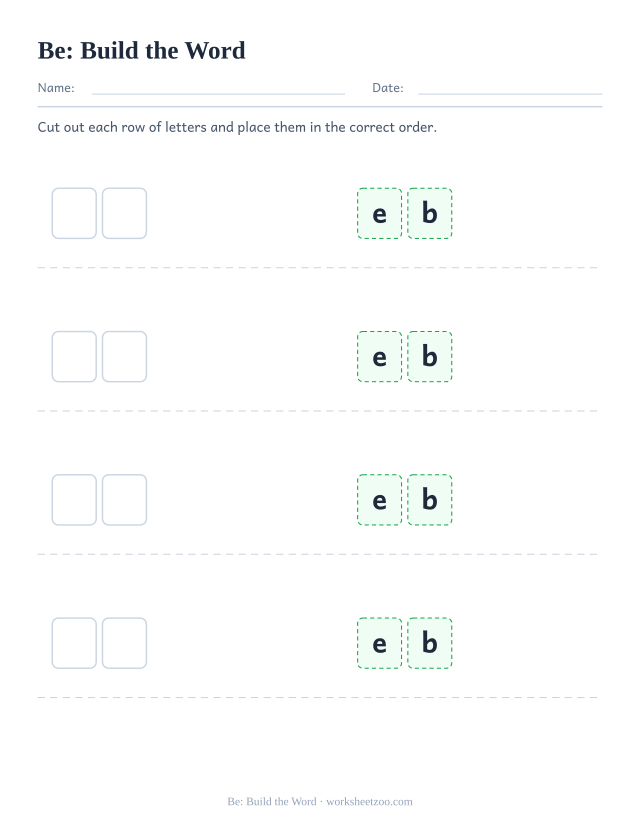 Sight word “be” worksheet, build the word printable activity
