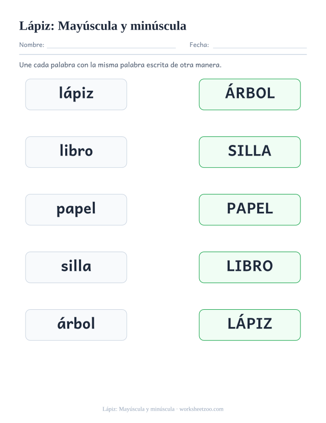 Ficha de la palabra frecuente «lápiz», mayúscula y minúscula para imprimir