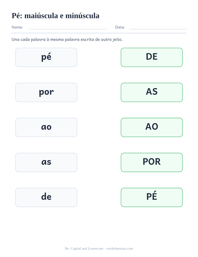 Prévia da palavra frequente “pé”, maiúscula e minúscula