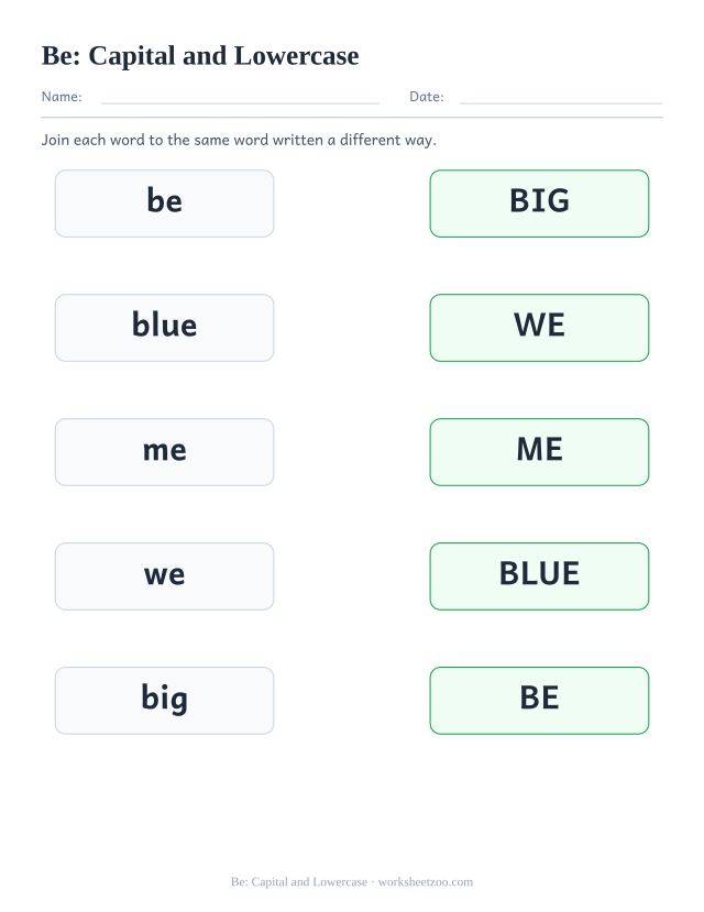 Sight word “be” worksheet, capital and lowercase printable activity
