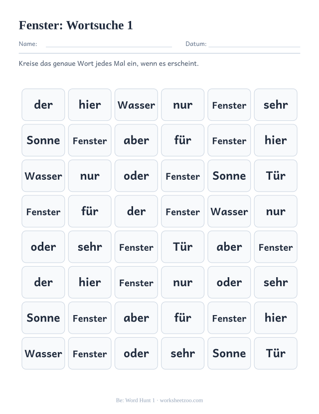 Vorschau: häufiges Wort „Fenster“, Wortsuche 1