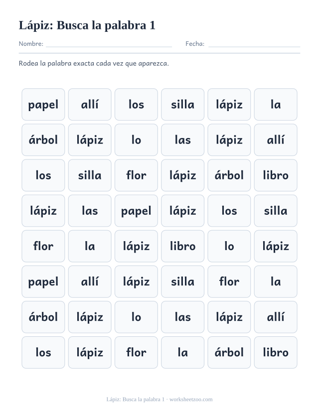 Ficha de la palabra frecuente «lápiz», busca la palabra 1 para imprimir