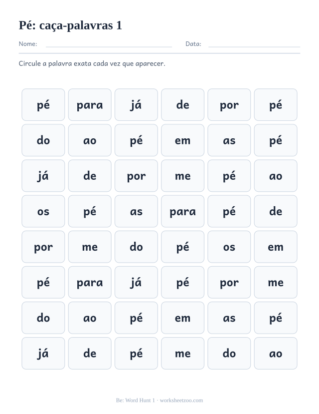 Prévia da palavra frequente “pé”, caça-palavras 1