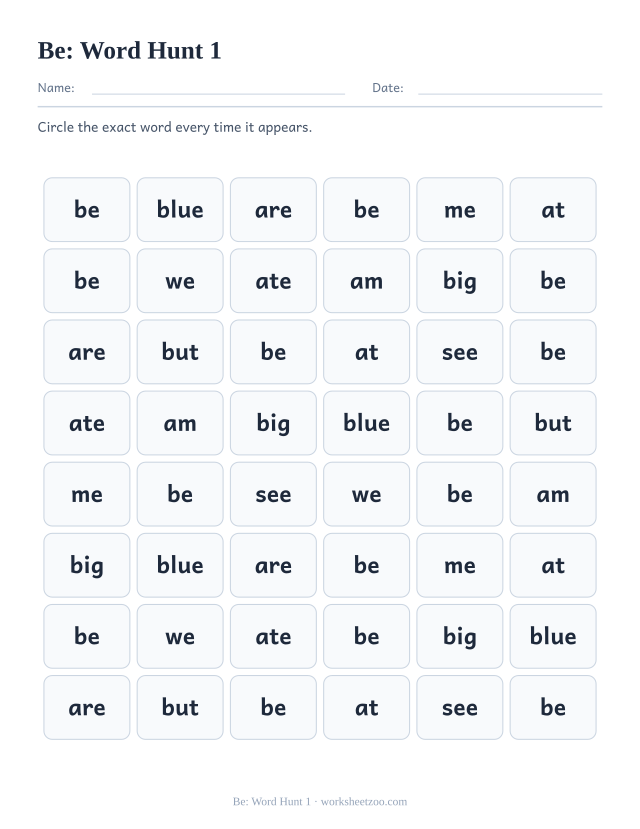 Sight word “be” worksheet, word hunt 1 printable activity