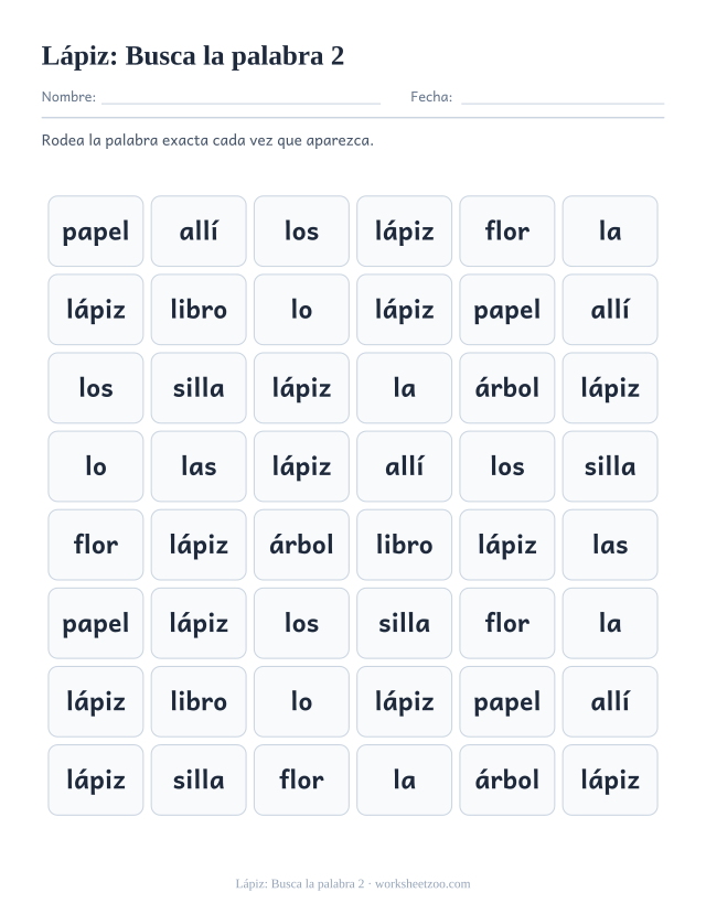 Ficha de la palabra frecuente «lápiz», busca la palabra 2 para imprimir