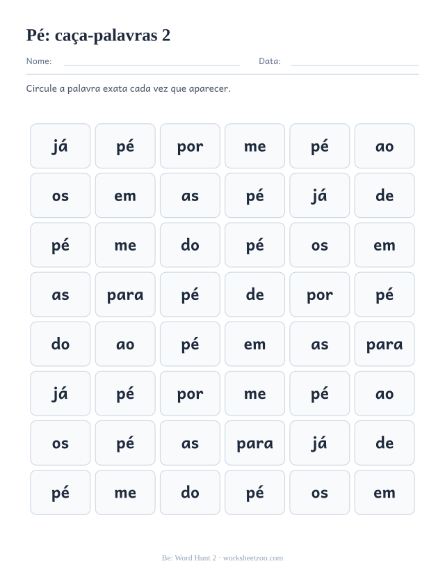 Prévia da palavra frequente “pé”, caça-palavras 2