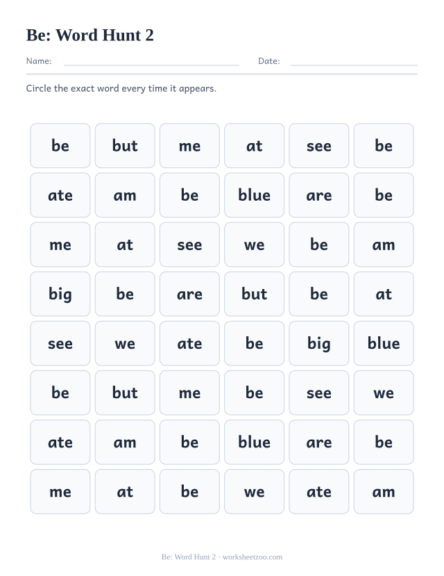 Sight word “be” worksheet, word hunt 2 printable activity