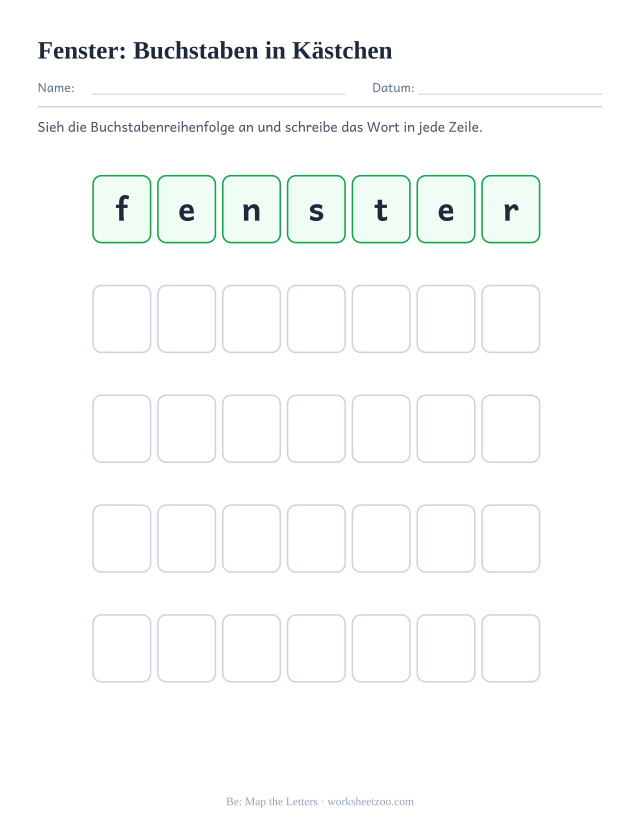 Vorschau: häufiges Wort „Fenster“, Buchstaben in Kästchen
