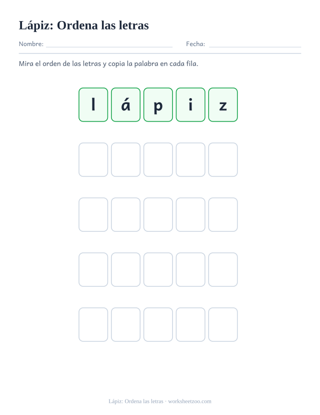 Ficha de la palabra frecuente «lápiz», ordena las letras para imprimir