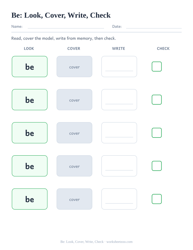 Sight word “be” worksheet, look, cover, write, check printable activity
