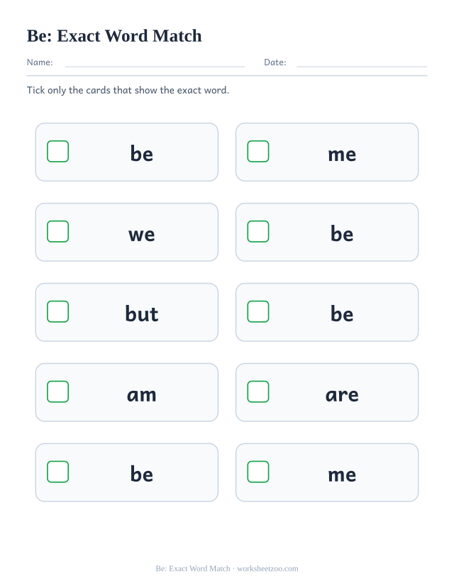 Sight word “be” worksheet, exact word match printable activity